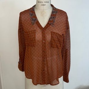 Free People Rust Easy Rider Sheer Blouse Top Size M